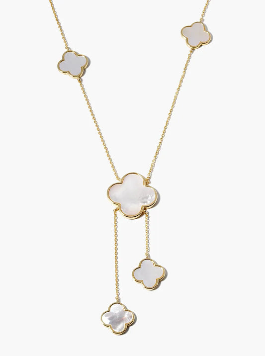 18k Gold Dipped Five Mother Of Pearl Quatrefoil Drop Lariat Necklace