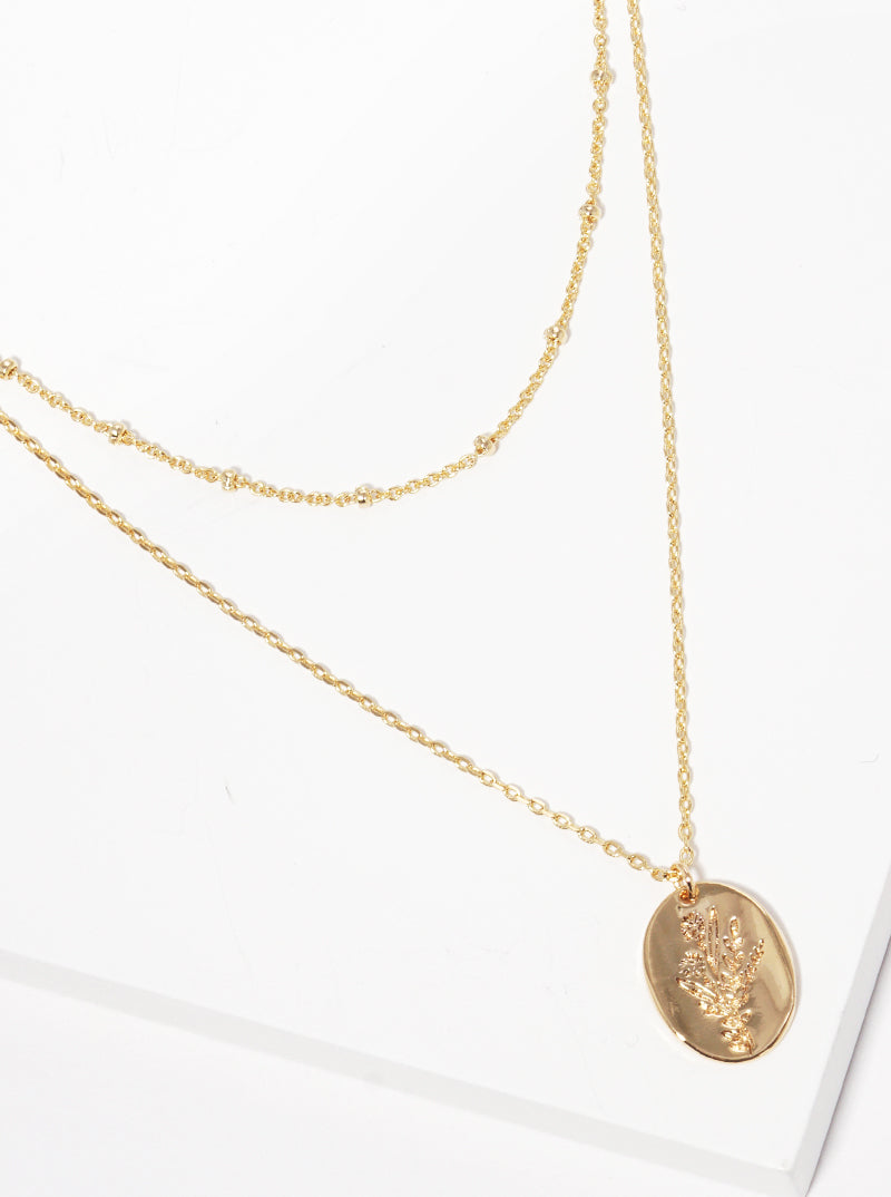 18k Gold Dipped Flower Engraved Oval Pendant Layered Necklace