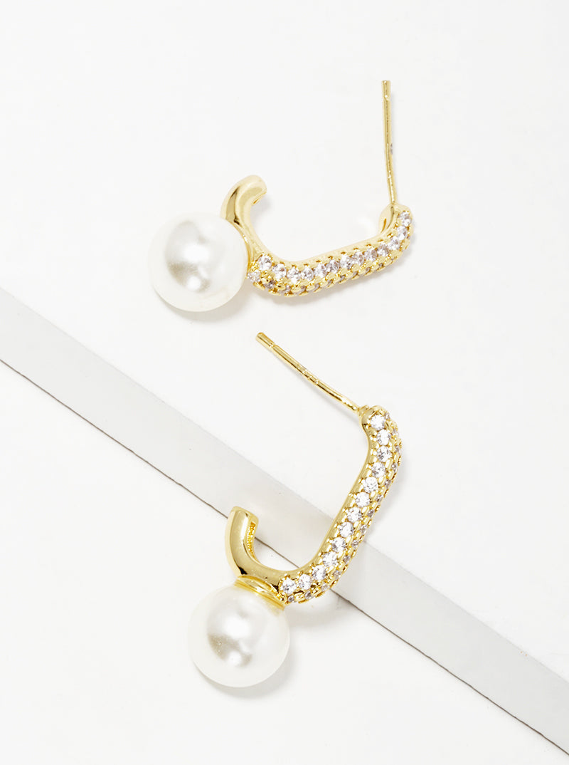 18k Gold Dipped Glass Pearl Drop CZ Pave Open Hoop Earrings