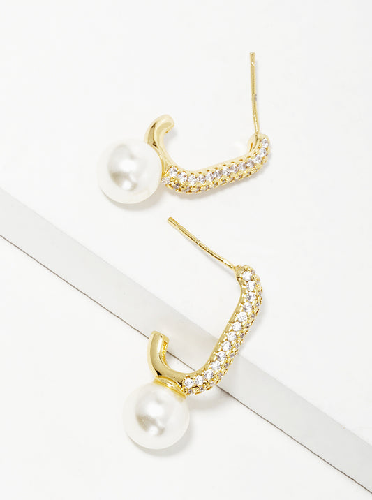 18k Gold Dipped Glass Pearl Drop CZ Pave Open Hoop Earrings