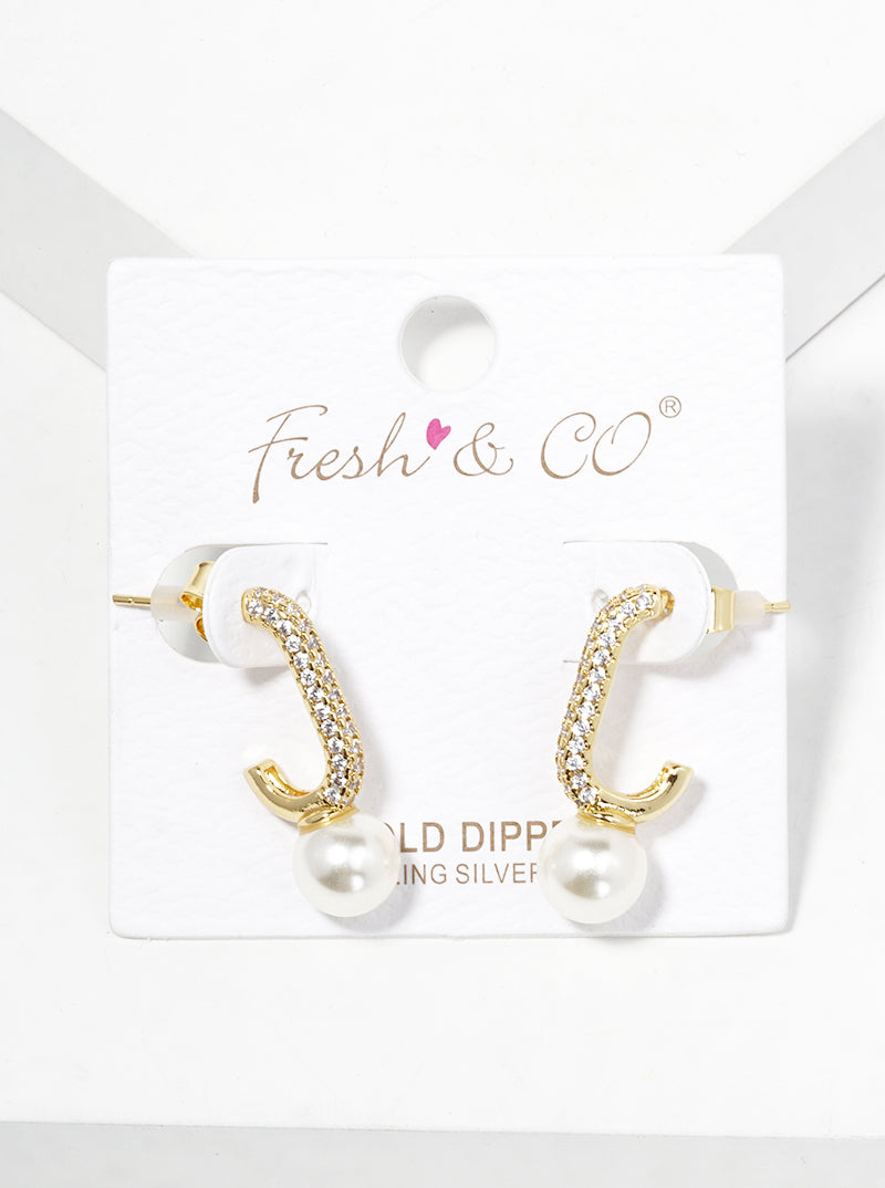18k Gold Dipped Glass Pearl Drop CZ Pave Open Hoop Earrings