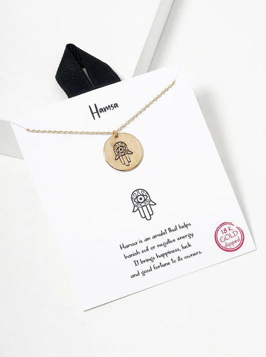 18k Gold Dipped Hamsa Engraved Round Disc Pendant Necklace