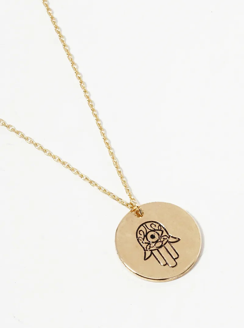 18k Gold Dipped Hamsa Engraved Round Disc Pendant Necklace