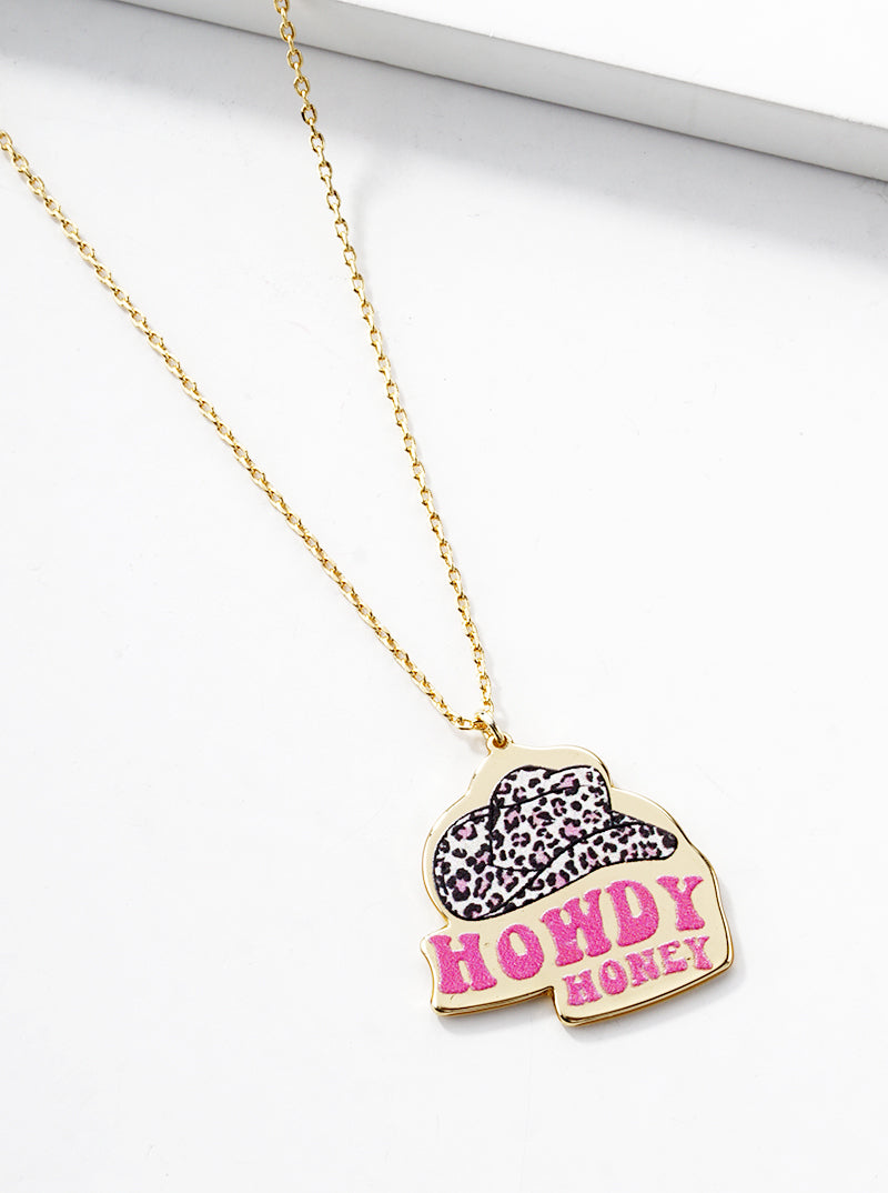 18k Gold Dipped Howdy Honey Pink Leopard Hat Pendant Necklace