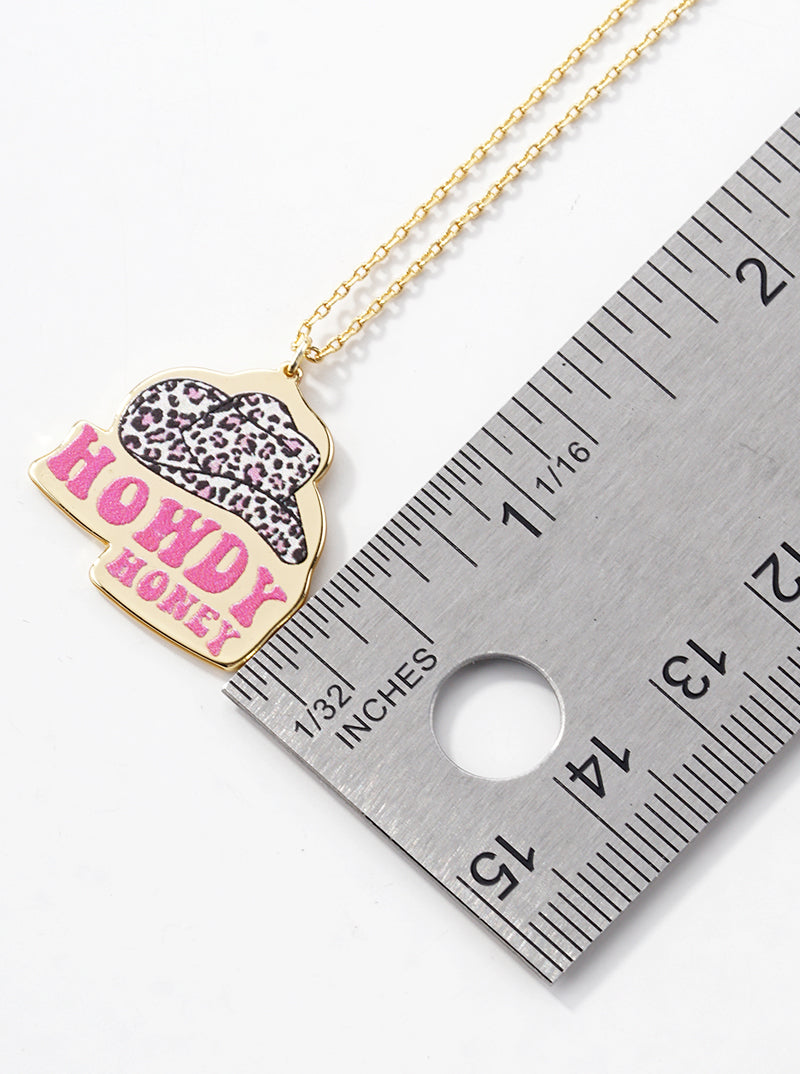 18k Gold Dipped Howdy Honey Pink Leopard Hat Pendant Necklace