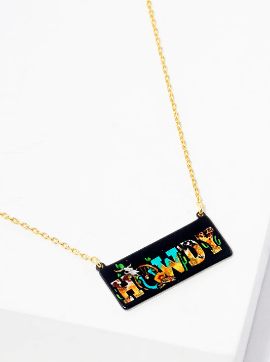 18k Gold Dipped Howdy Printed Rectangle Pendant Necklace