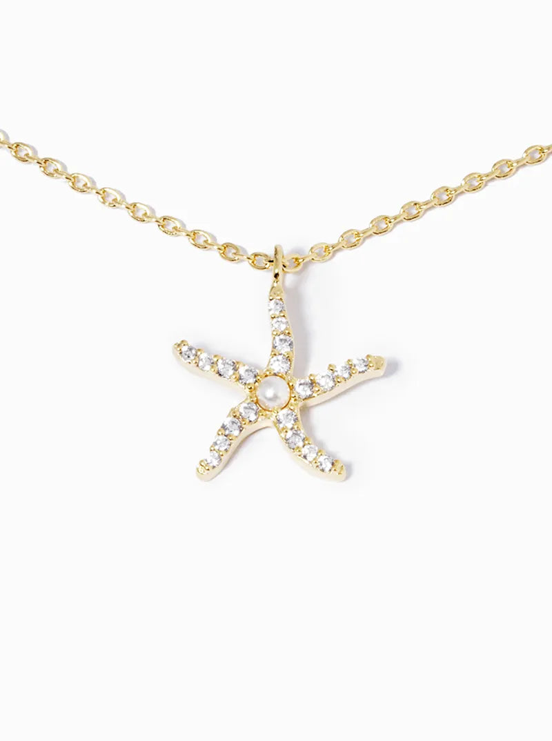 18k Gold Dipped Pearl CZ Pave Starfish Pendant Necklace