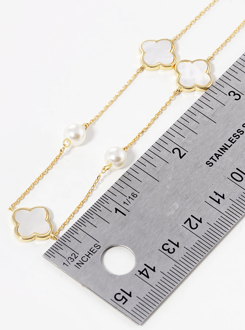 18k Gold Dipped Pearl Bead Mother Of Pearl Quatrefoil Satellite Necklace