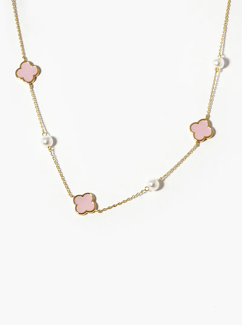 18k Gold Dipped Pearl Bead Mother Of Pearl Quatrefoil Satellite Necklace