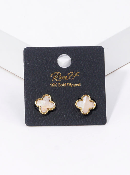 18k Gold Dipped Quatrefoil Shape Mother Of Pearl Post Stud Earrings