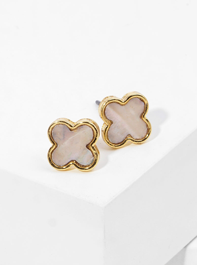18k Gold Dipped Quatrefoil Shape Mother Of Pearl Post Stud Earrings