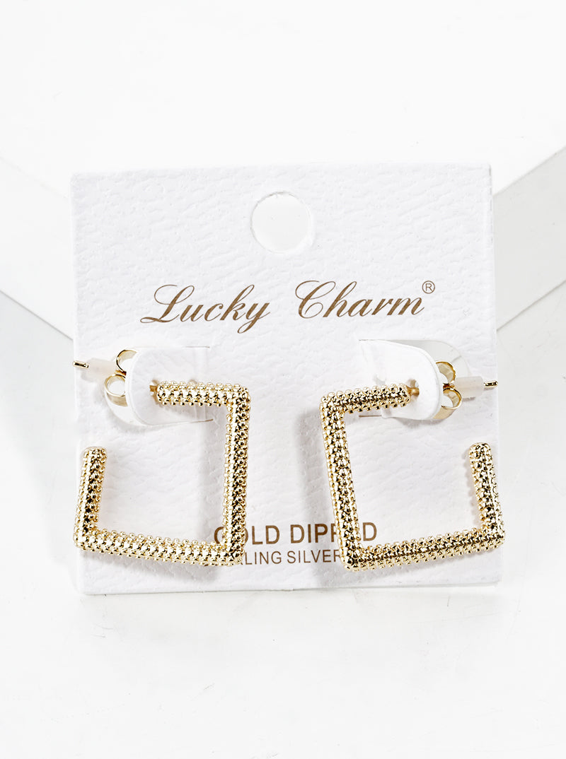 18k Gold Dipped Textured Metal Square 20mm Open Hoop Earrings