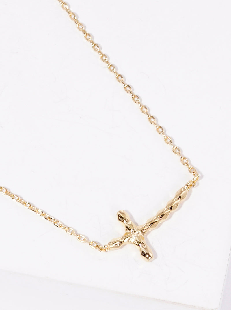 18k Gold Dipped Textured Sideways Cross Pendant Necklace