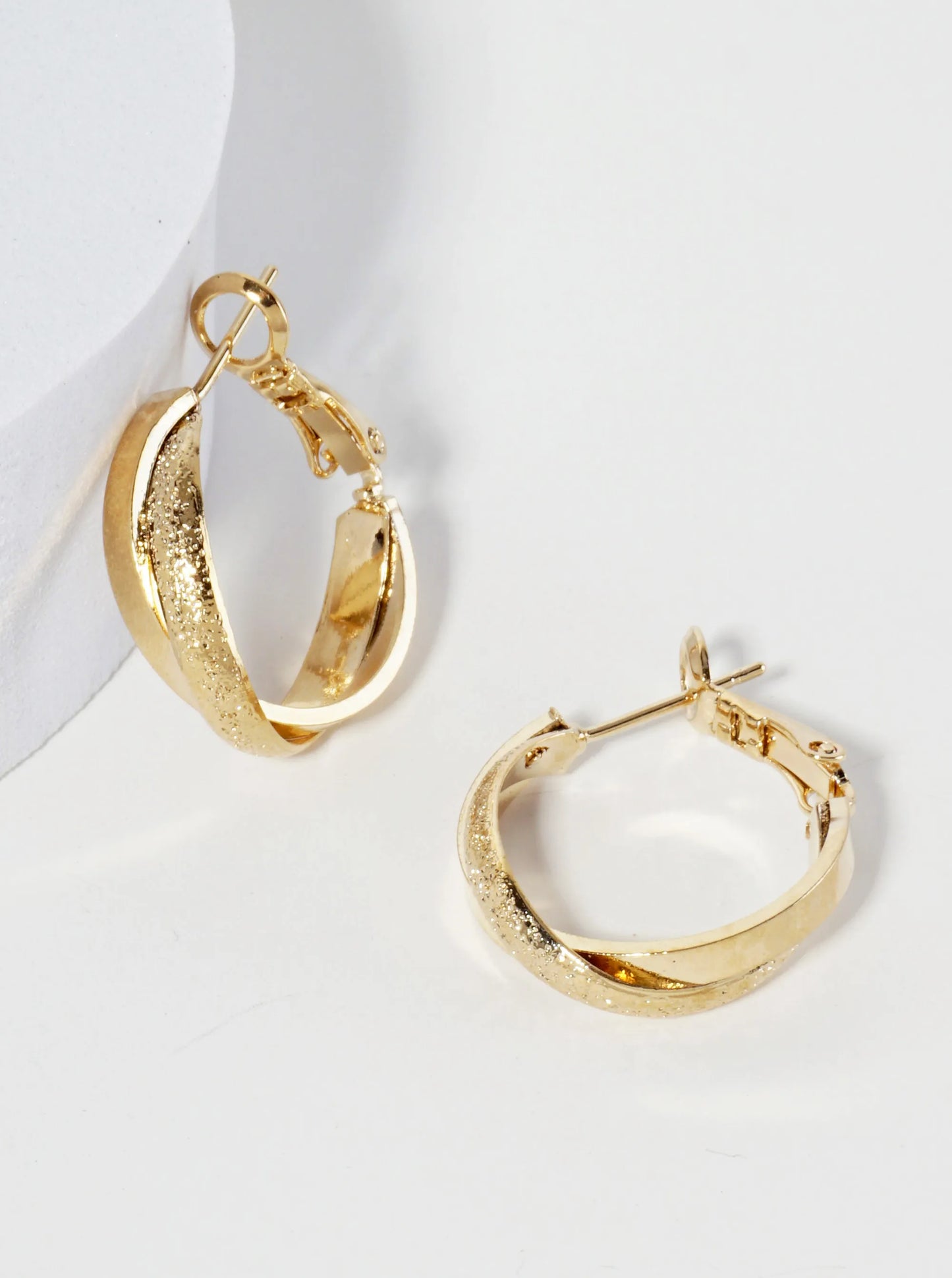 18mm 14K-Gold-Dipped Crossover Shimmer-texture Latch-back Hoop Earrings