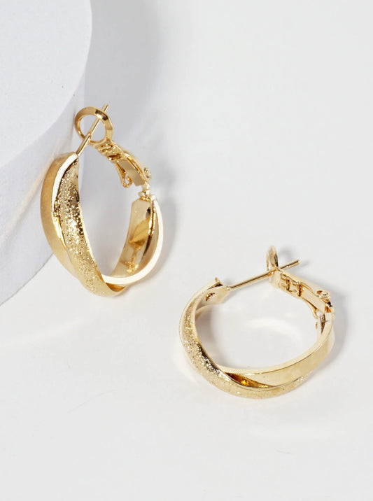 18mm 14K-Gold-Dipped Crossover Shimmer-texture Latch-back Hoop Earrings
