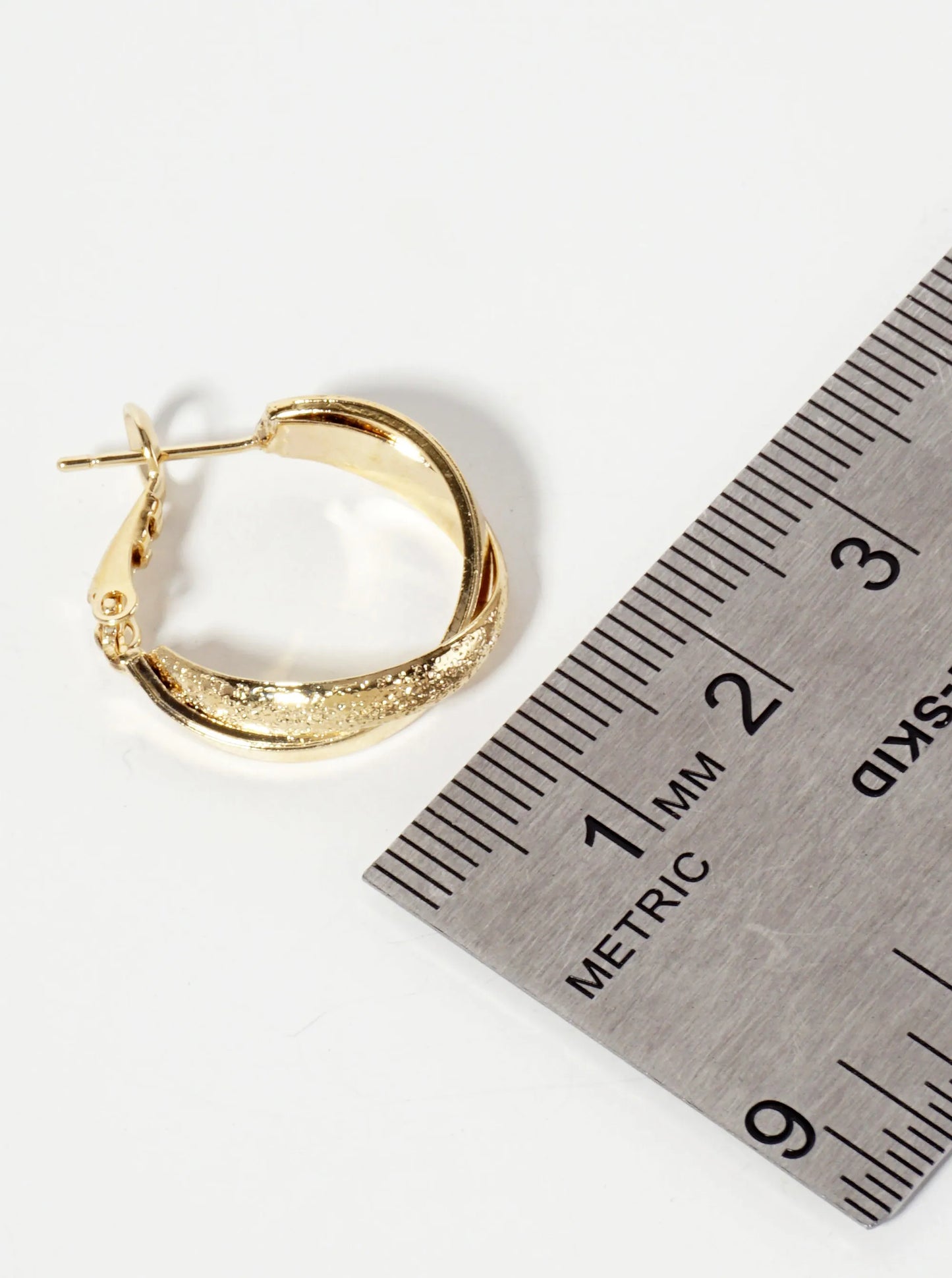 18mm 14K-Gold-Dipped Crossover Shimmer-texture Latch-back Hoop Earrings