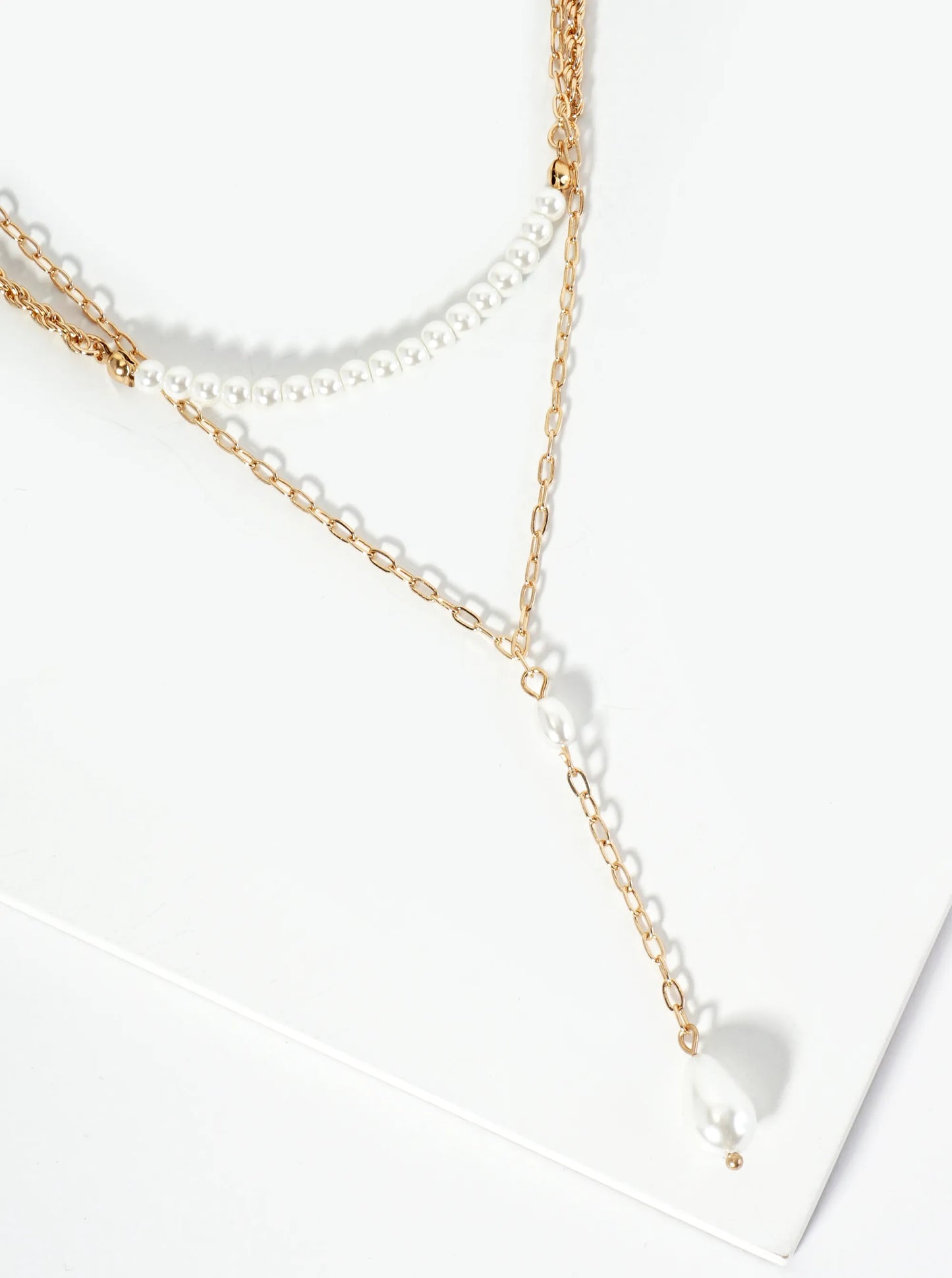 2-PC Pearl Beaded Chain Drop Layered Necklace Set