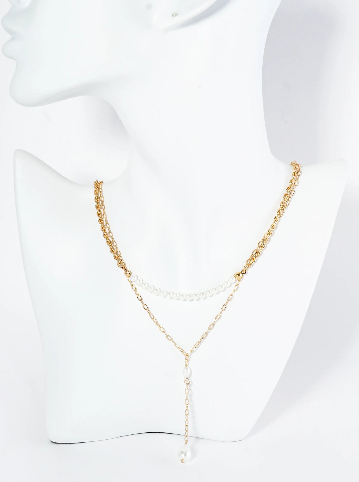2-PC Pearl Beaded Chain Drop Layered Necklace Set
