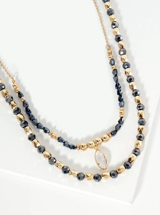 2-PC Set Crystal Marquise Pendant Layered Glass Beaded Chain Necklace