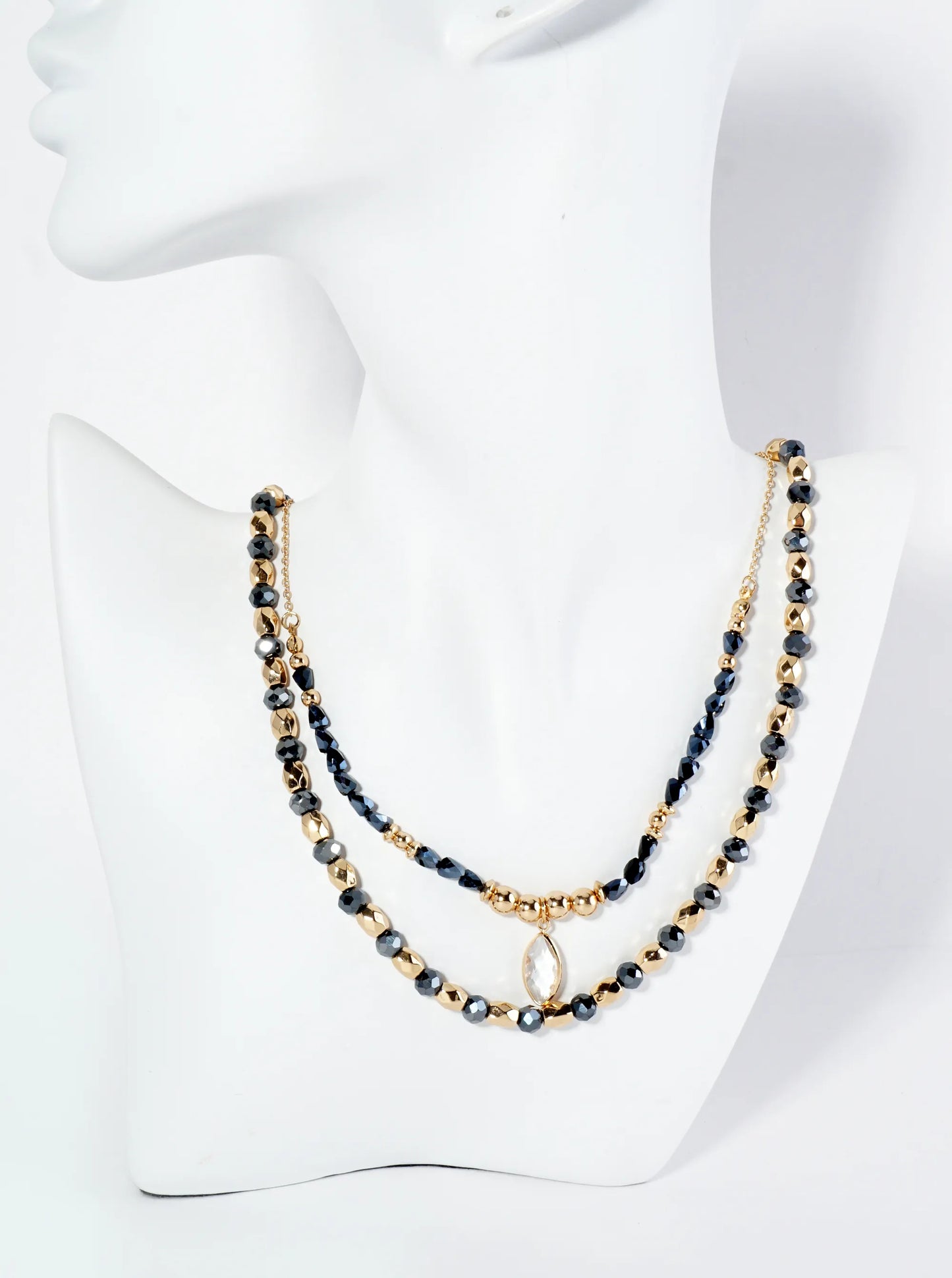2-PC Set Crystal Marquise Pendant Layered Glass Beaded Chain Necklace