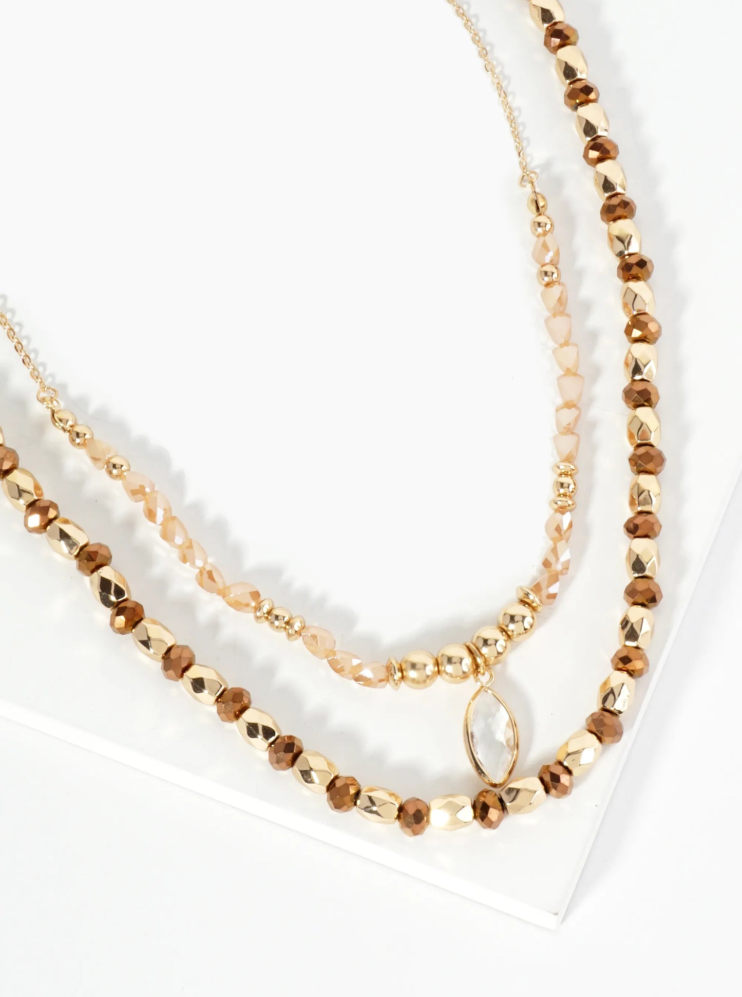2-PC Set Crystal Marquise Pendant Layered Glass Beaded Chain Necklace