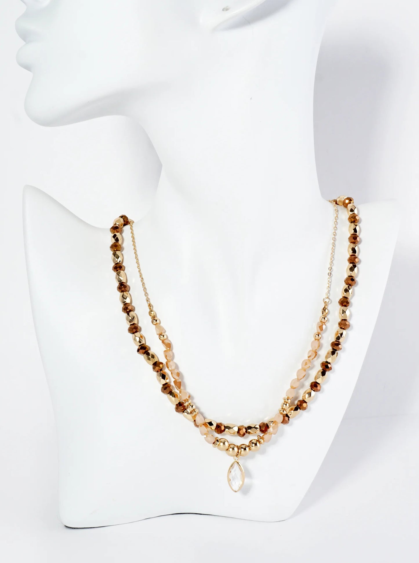 2-PC Set Crystal Marquise Pendant Layered Glass Beaded Chain Necklace