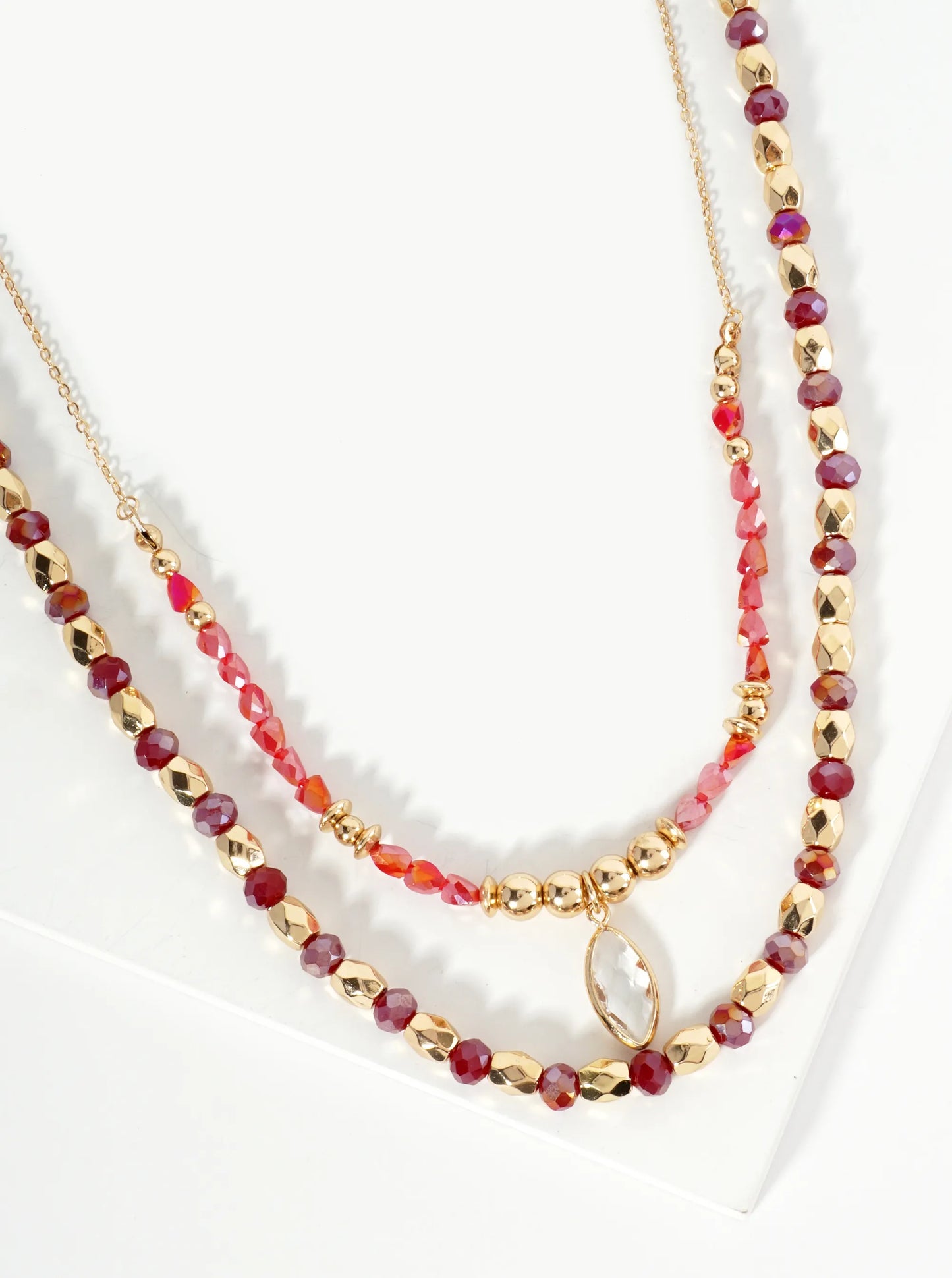2-PC Set Crystal Marquise Pendant Layered Glass Beaded Chain Necklace