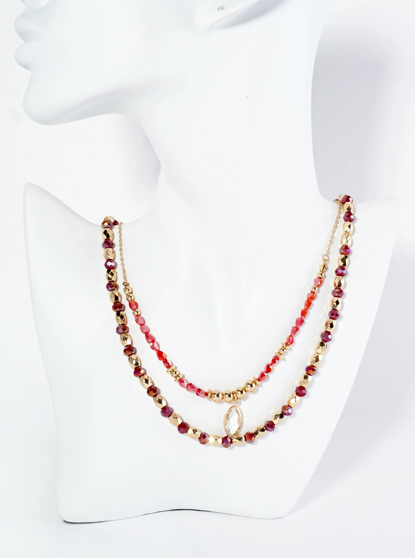 2-PC Set Crystal Marquise Pendant Layered Glass Beaded Chain Necklace