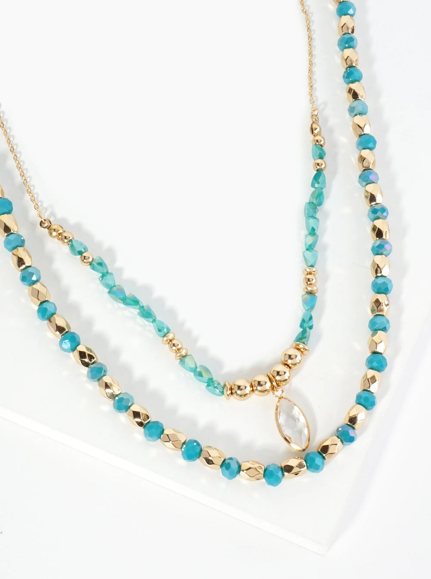 2-PC Set Crystal Marquise Pendant Layered Glass Beaded Chain Necklace