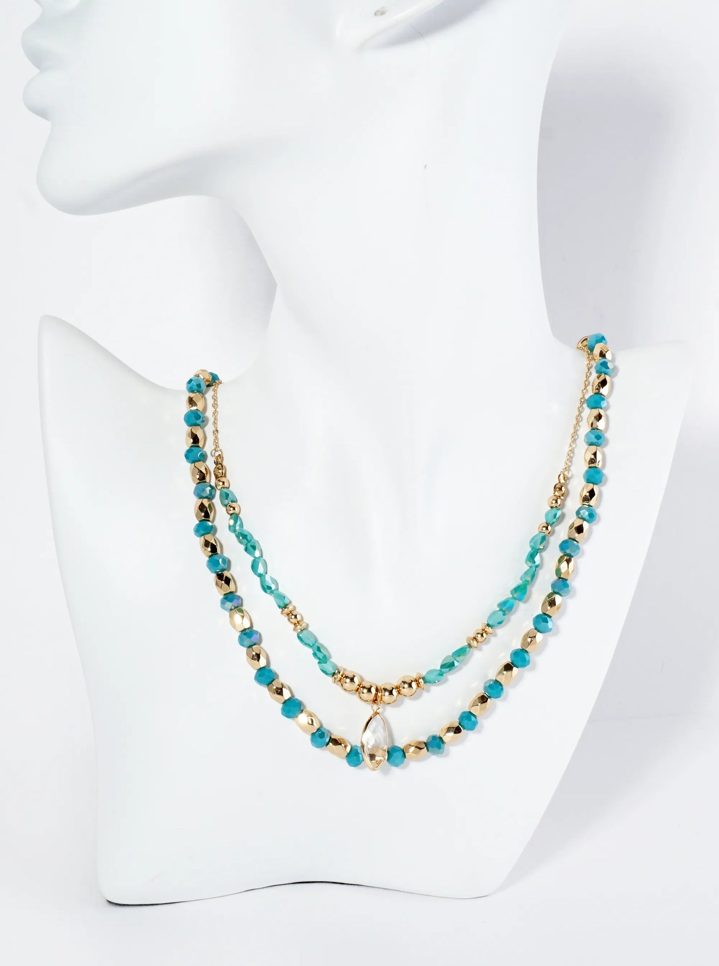 2-PC Set Crystal Marquise Pendant Layered Glass Beaded Chain Necklace