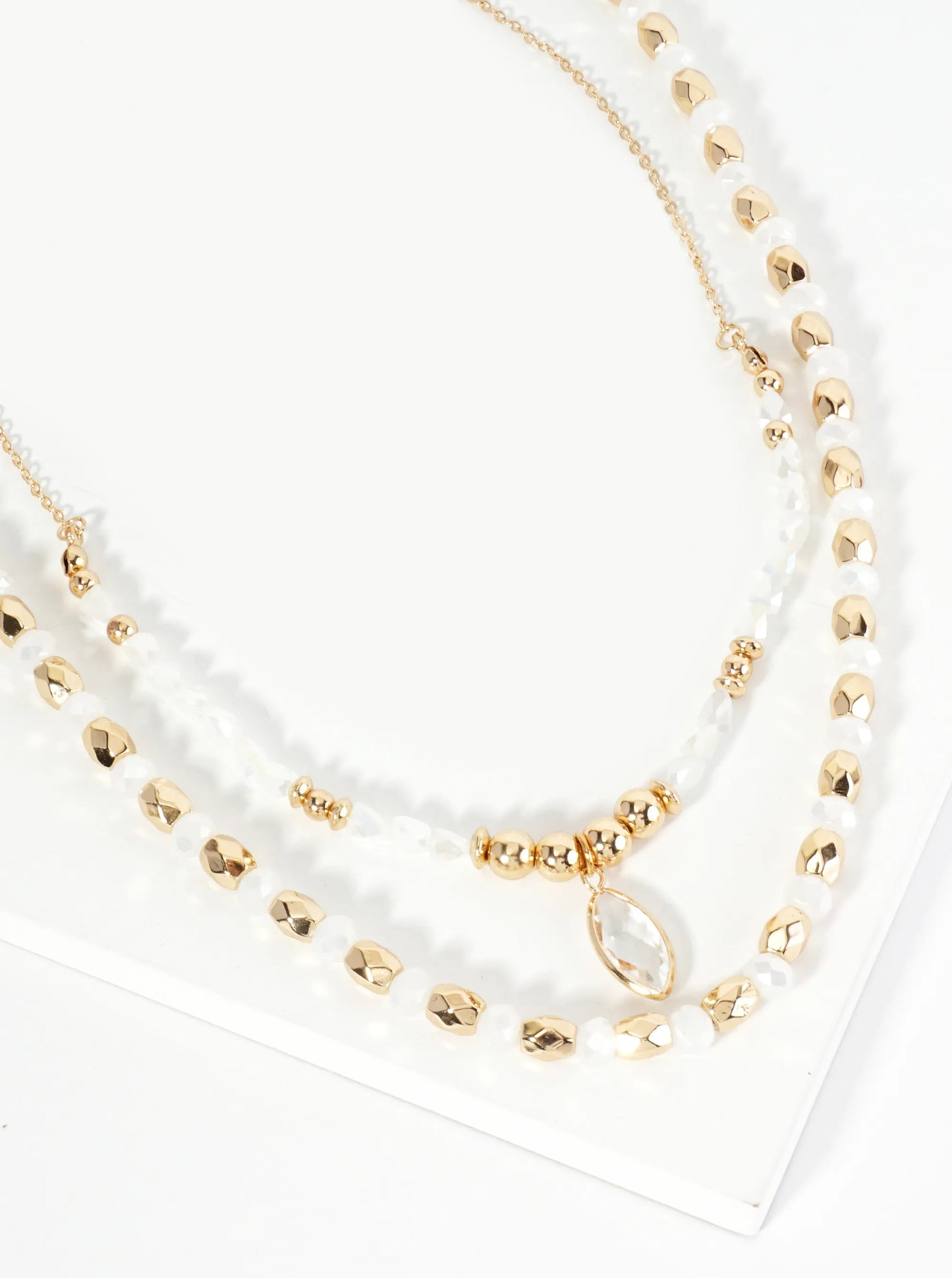 2-PC Set Crystal Marquise Pendant Layered Glass Beaded Chain Necklace