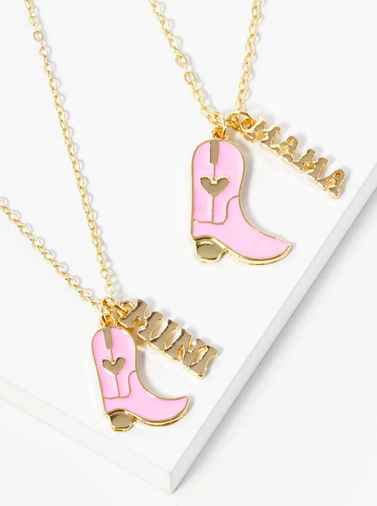 2-PC Set Enamel Filled Cowgirl Boots Mama Mini Pendant Necklace