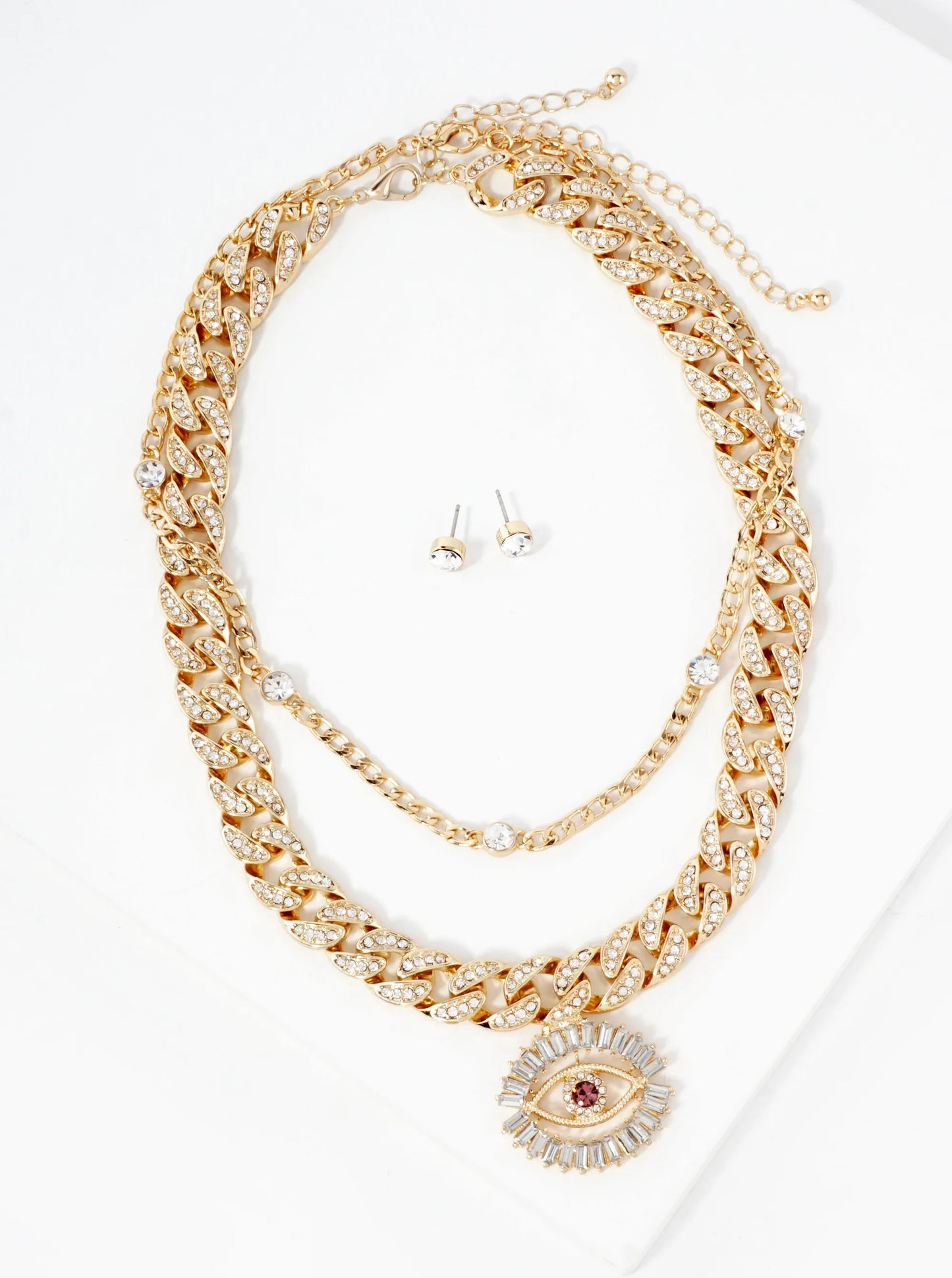 2-PC-Set Evil-Eye Pendant Crystal-Pave Curb Chain Necklace Set-with-Earrings