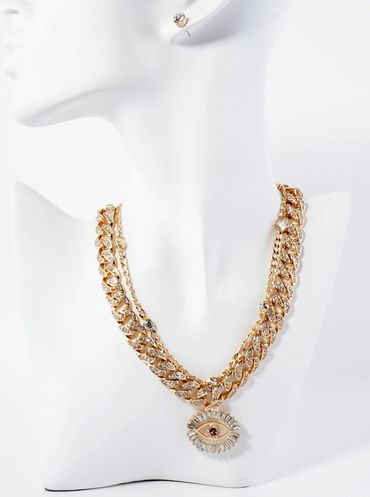 2-PC-Set Evil-Eye Pendant Crystal-Pave Curb Chain Necklace Set-with-Earrings