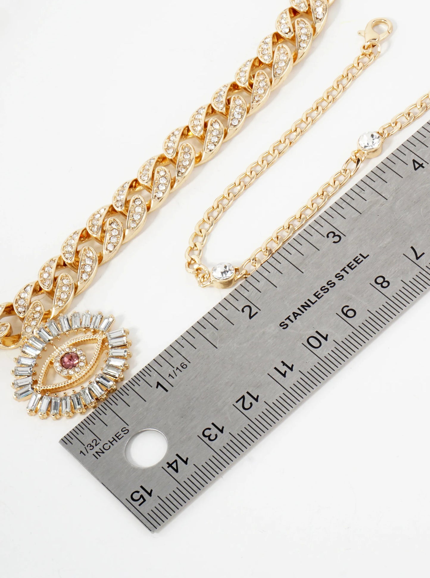 2-PC-Set Evil-Eye Pendant Crystal-Pave Curb Chain Necklace Set-with-Earrings
