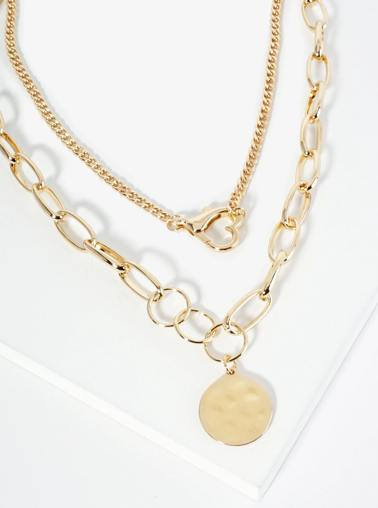 2-PC Set Hammered Disc Pendant Dual Layered Chain Necklace