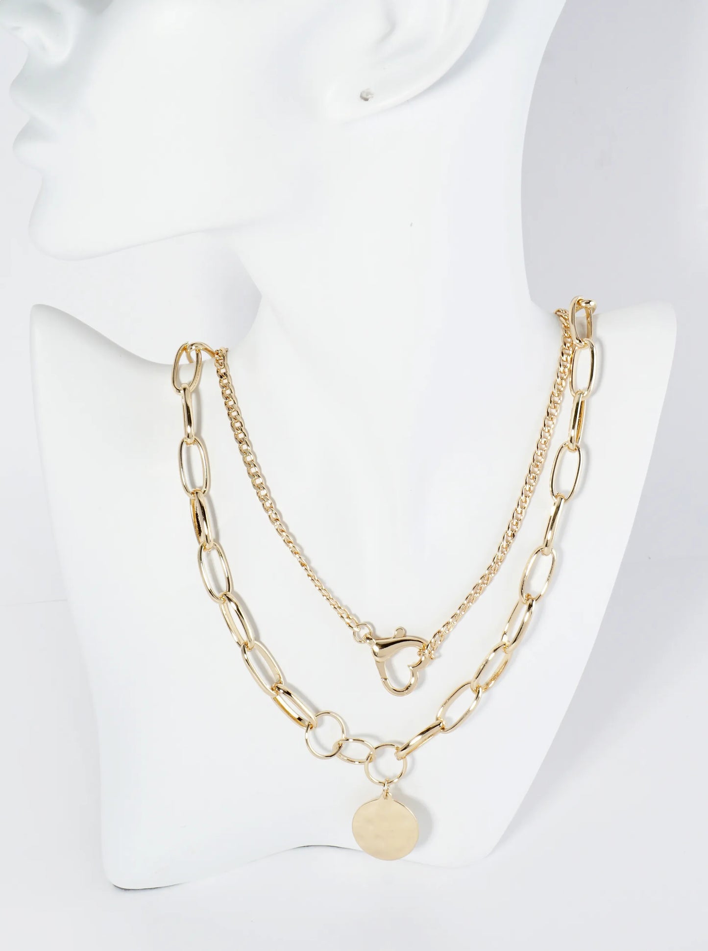 2-PC Set Hammered Disc Pendant Dual Layered Chain Necklace