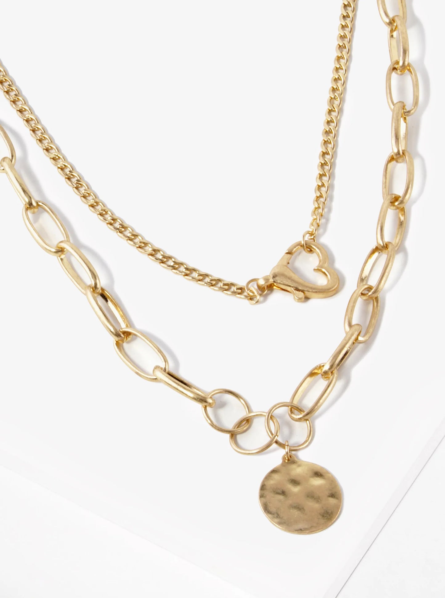 2-PC Set Hammered Disc Pendant Dual Layered Chain Necklace