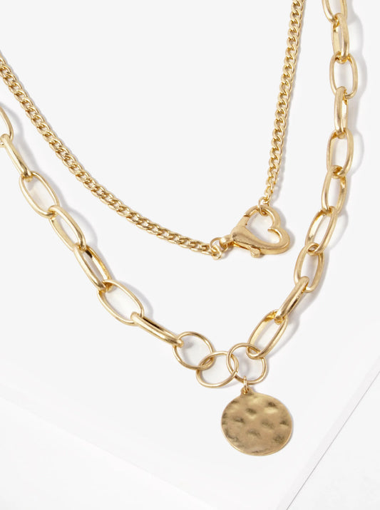 2-PC Set Hammered Disc Pendant Dual Layered Chain Necklace