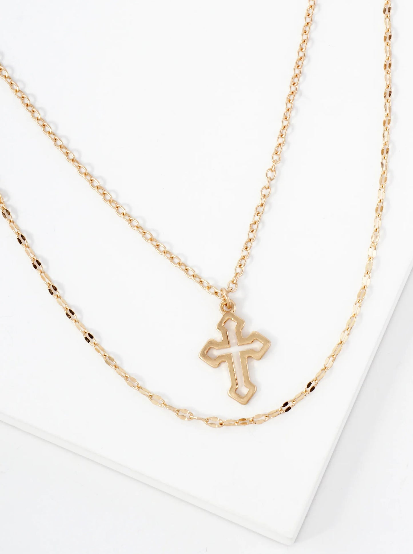 2-PC-Set Metal Cutout Cross Pendant Layered Necklace