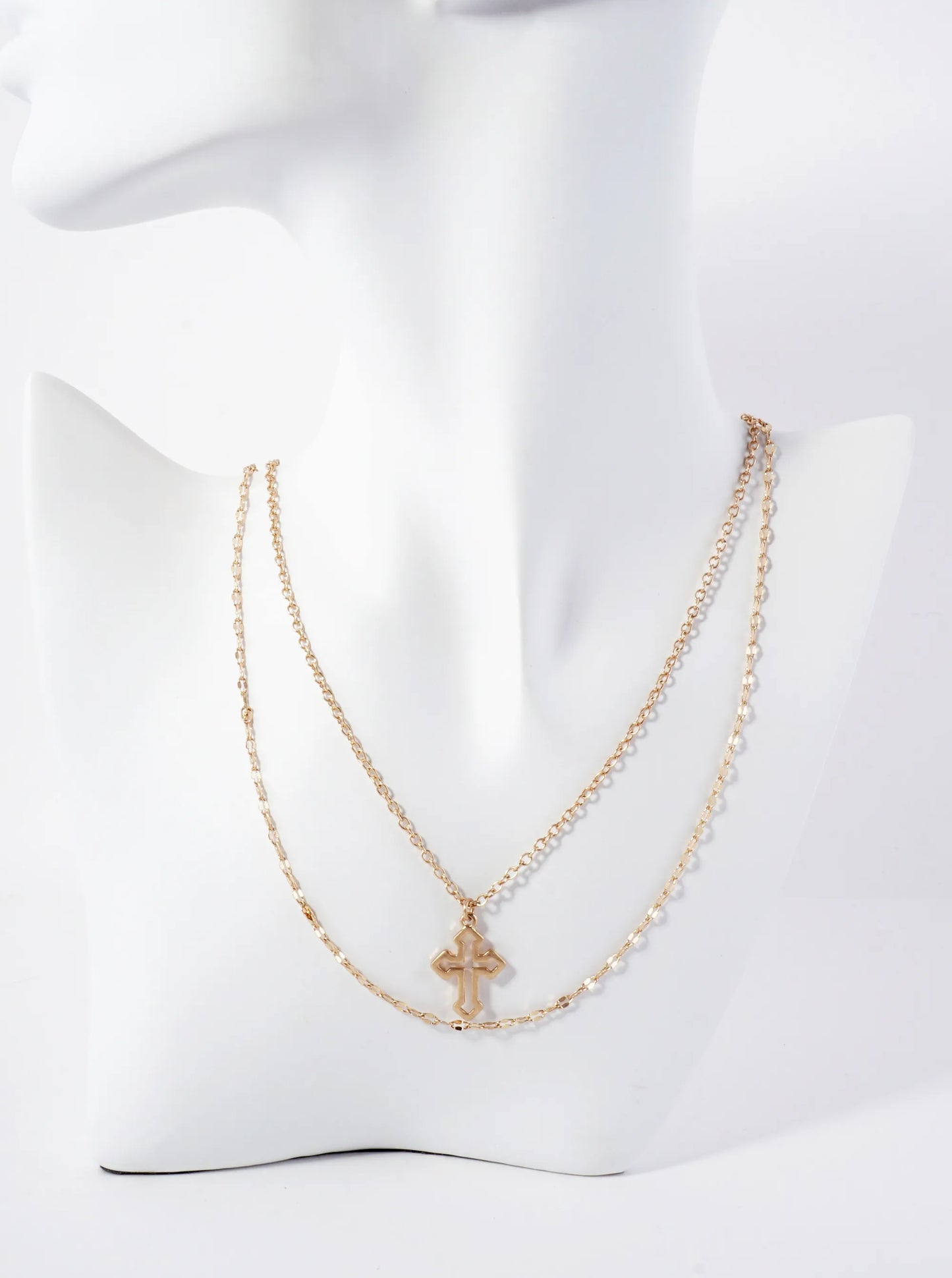 2-PC-Set Metal Cutout Cross Pendant Layered Necklace