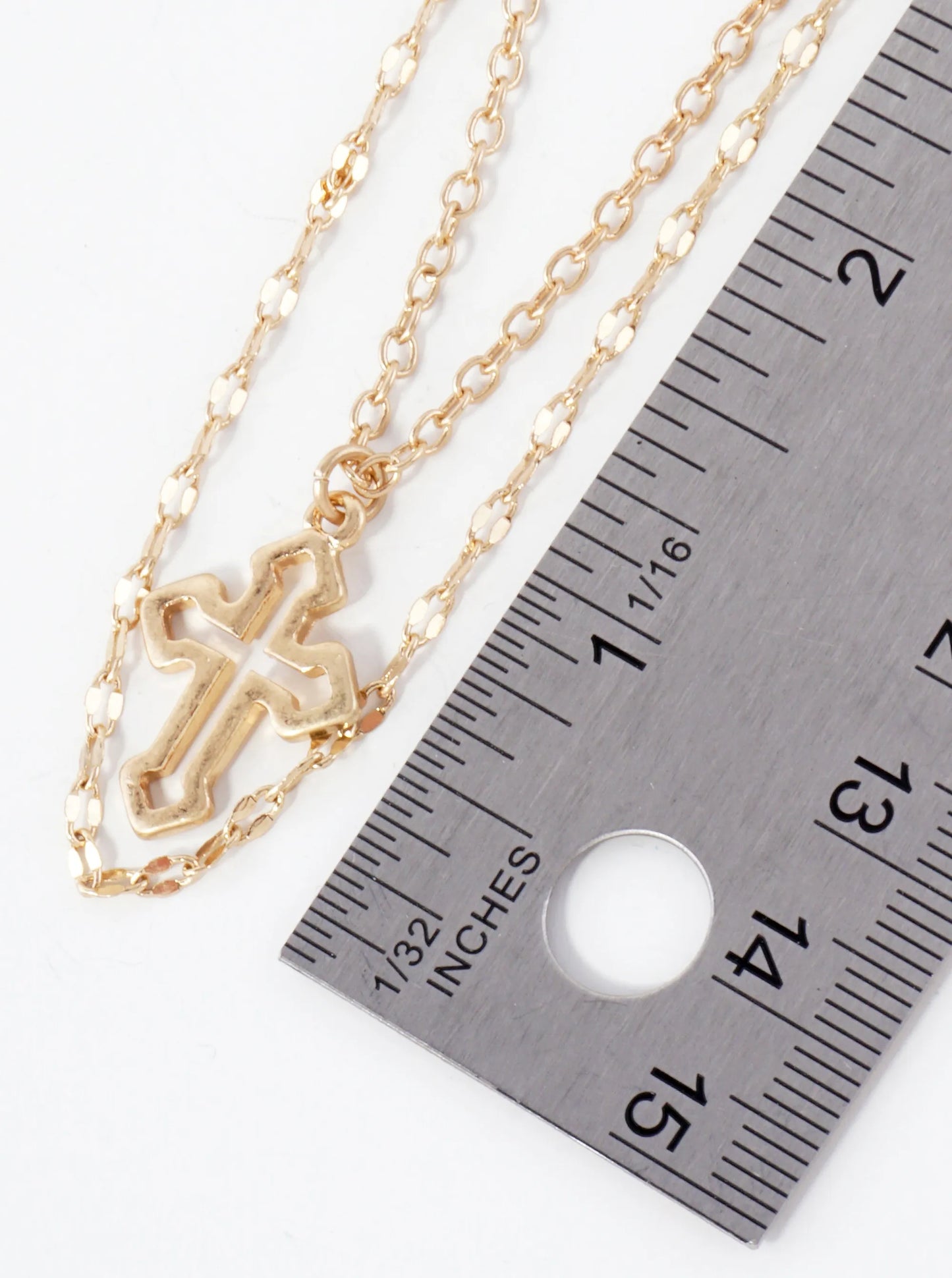 2-PC-Set Metal Cutout Cross Pendant Layered Necklace
