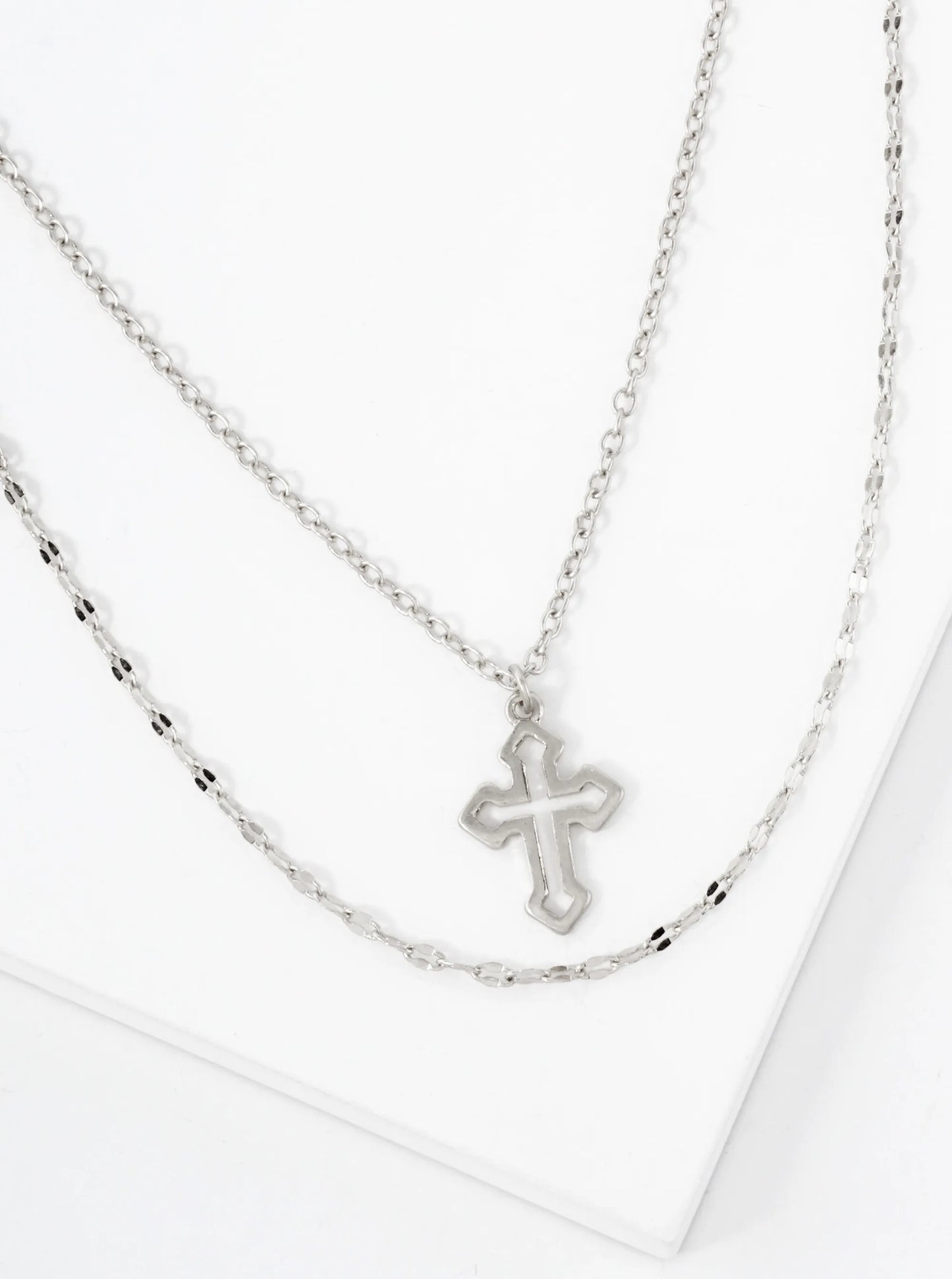 2-PC-Set Metal Cutout Cross Pendant Layered Necklace