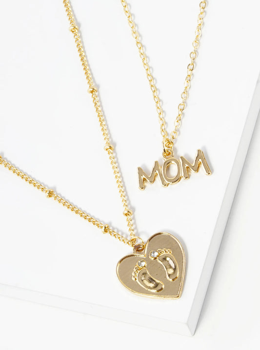 2-PC Set Mom Baby Footprint Heart Pendant Necklace