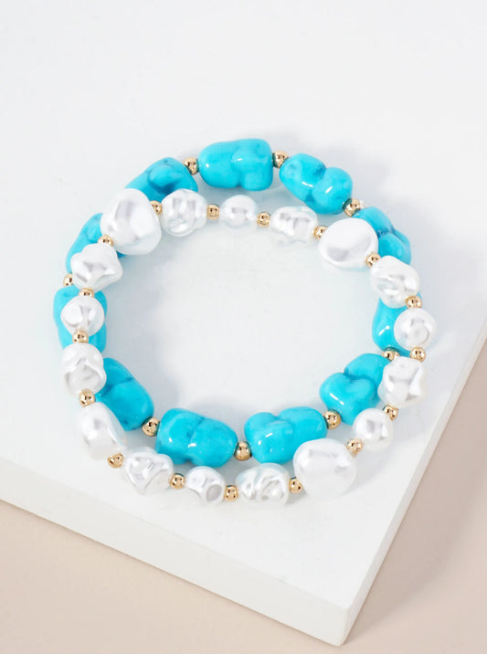 2-PC-Set Organic-Shape Pearl-Beaded Stackable Stretch Bracelet