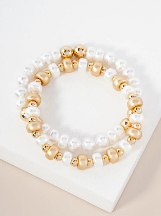 2-PC-Set Pearl And Metallic-Beaded Stackable Stretch Bracelet