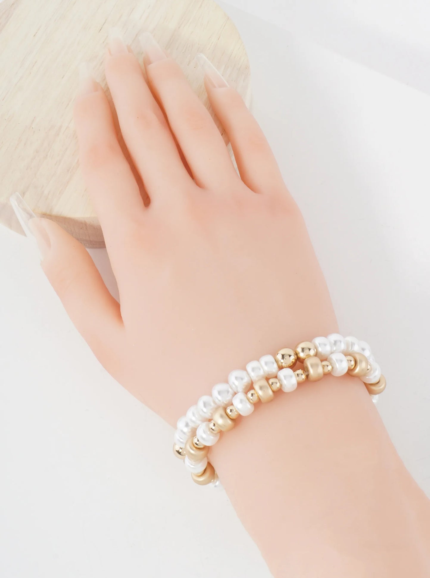 2-PC-Set Pearl And Metallic-Beaded Stackable Stretch Bracelet