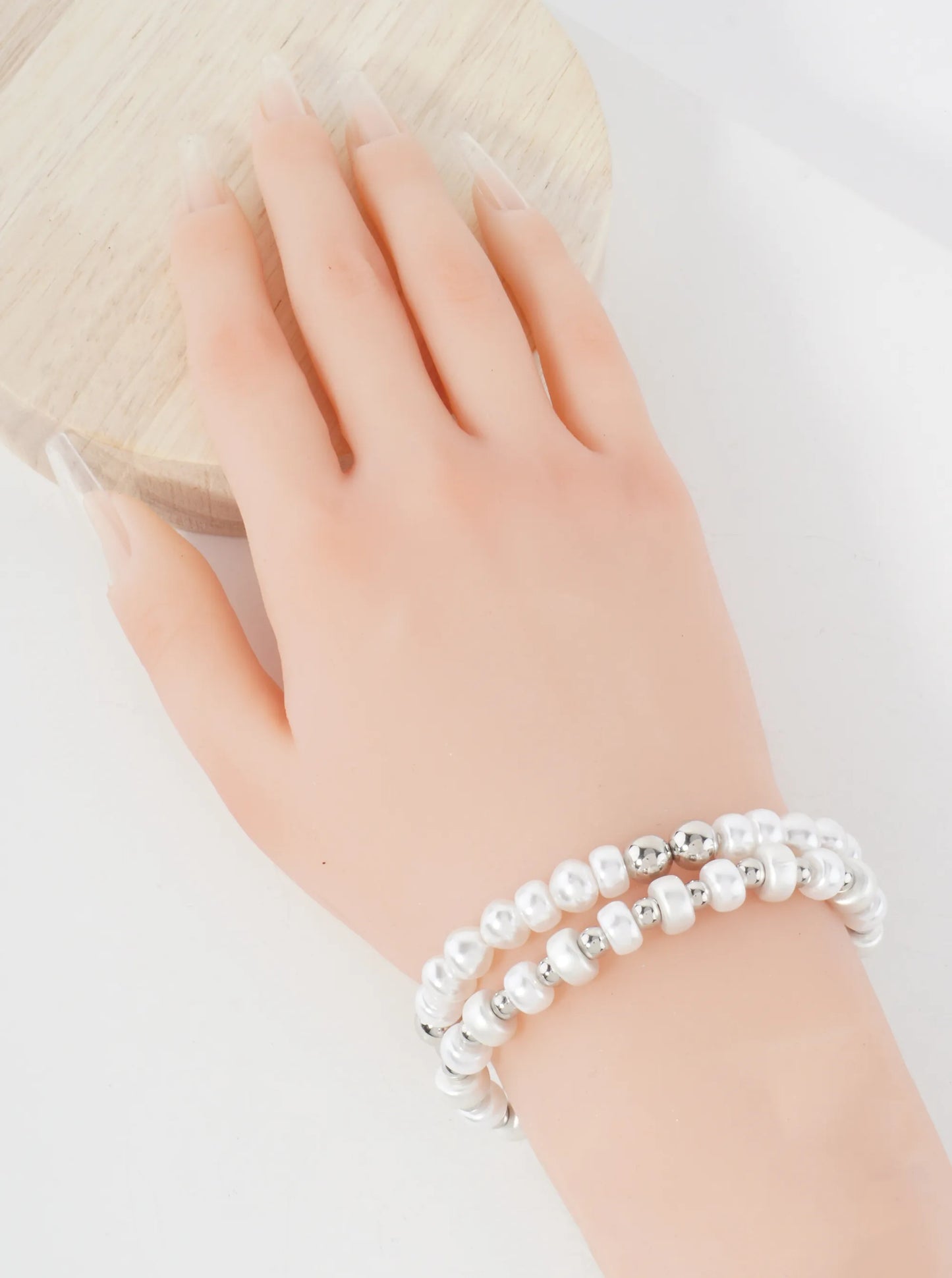 2-PC-Set Pearl And Metallic-Beaded Stackable Stretch Bracelet