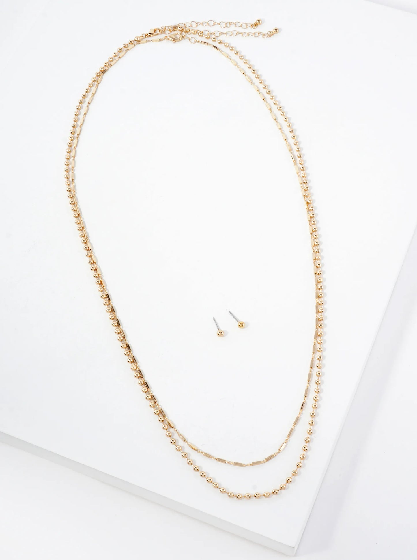 2-PC-Set Polished Brass 3mm Ball-Chain 5mm Box-Chain 27-28-inch Long Layered Necklace Set-with-Earrings