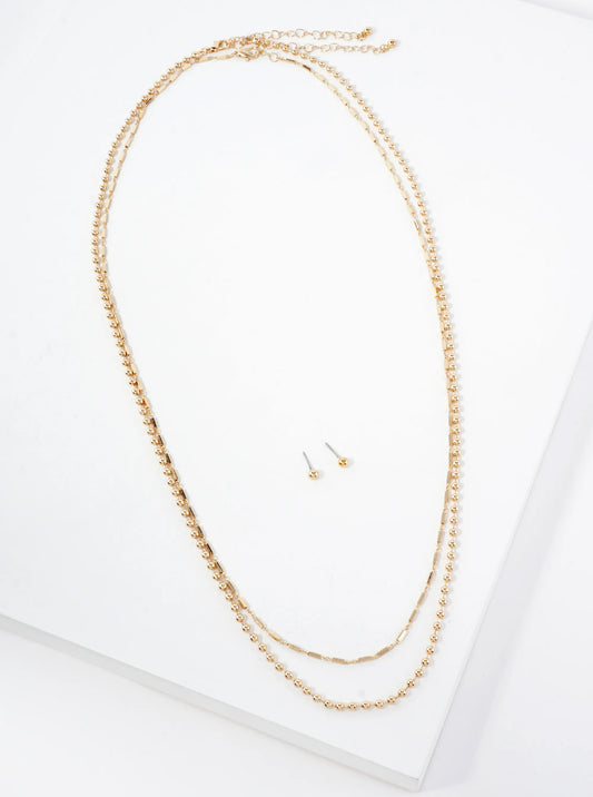 2-PC-Set Polished Brass 3mm Ball-Chain 5mm Box-Chain 27-28-inch Long Layered Necklace Set-with-Earrings